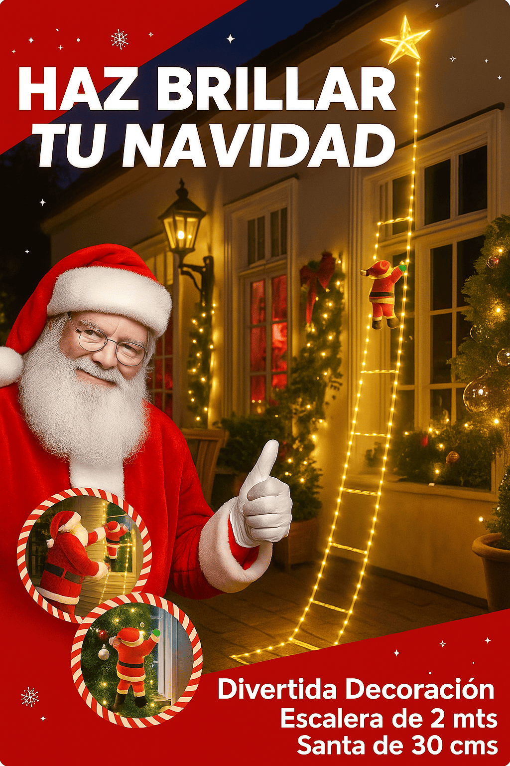 Papá Noel Trepador con Escalera de Luces LED — 2 m de Magia Navideña 🎄✨